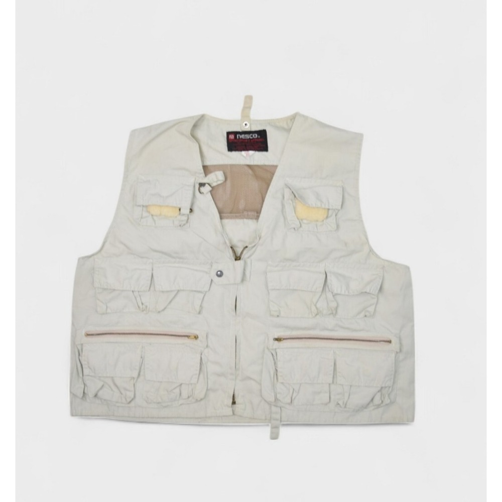 Vintage Nesco Vest Mens M Khaki Fishing Utility Pockets Sportsman Cotton Blend